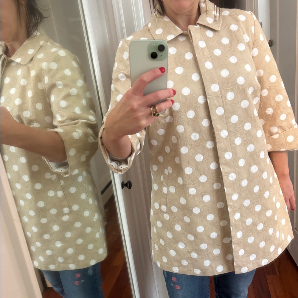 Chico's Tan and White Polka Dot Pea Coat